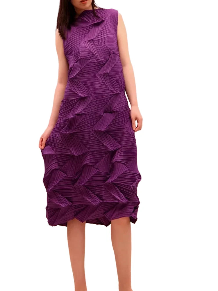 🍒Sleeveless pleated dress for women turtleneck outfit single colour solid fashion smart casual women party wear occasion clothing style 3D fold designer dresses Fashion A Fold
