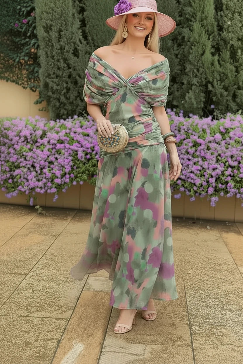🍒春夏印花V领网纱露肩连衣裙，百搭派对度假婚宴装，女士商务休闲雪纺晚礼服，纯色淑女服饰 潮爆了 露肩