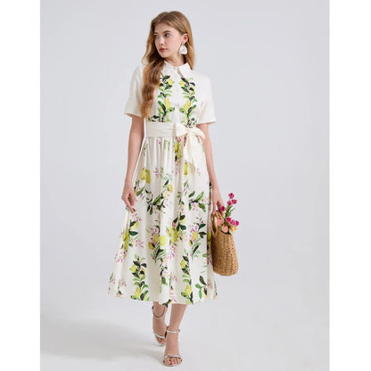 🍒Mode midi-rokhemp somer vroue boheemse kortmou blomme uitrusting suurlemoen-afdruk sonrok met gordel elegante lang rok slim gemaklike klere