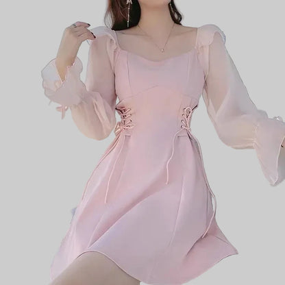 🍒Pienk rokke vroue lente somer lieflingneklynuitrusting a-lyn mini rok met pofmoue kantopryg trekkoordkante middel vroulike mode A- Pragtige Pienk