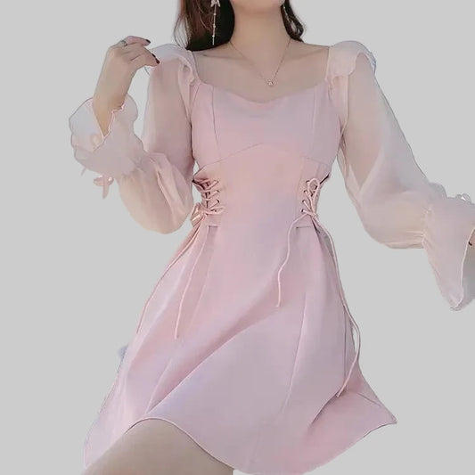 🍒Pienk rokke vroue lente somer lieflingneklynuitrusting a-lyn mini rok met pofmoue kantopryg trekkoordkante middel vroulike mode A- Pragtige Pienk