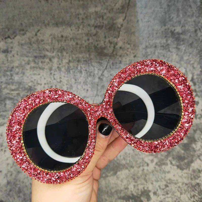 🍒大尺寸圆形钻石女士墨镜 水晶太阳镜 水钻智能眼镜 闪亮眼镜 带UV400防护 时尚眼镜