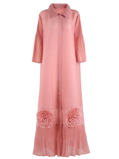 🍒Loose women's dress high-end chic lapel outfit with flared sleeves 3d floral fashion maxi  single breasted coat dress party occasion wear Flowers At Your Feet frock