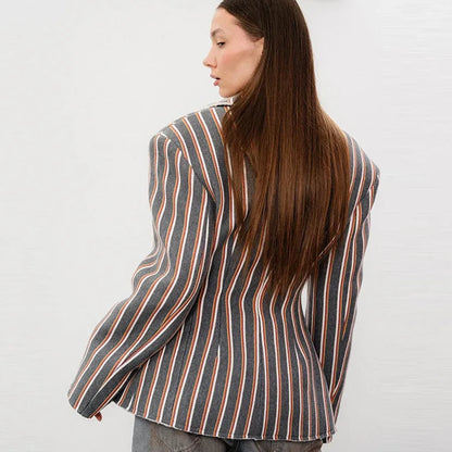 🍒Gestreepte baadjie, volmou-baadjie vir dames met gekerfde lapelkraag, dubbelbors lentejas, mode drag, kantoorklere   Look Sjokolade In Oranje