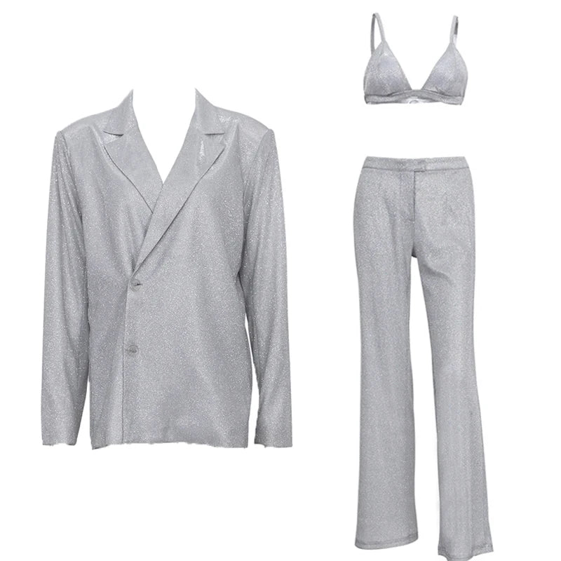 🍒Party sliver glitter three piece blazer sets for women fashion clubwear Sparkly Bra And Pants Matching set party occasion wear Get GlitZy