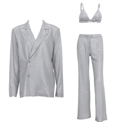 🍒Party sliver glitter three piece blazer sets for women fashion clubwear Sparkly Bra And Pants Matching set party occasion wear Get GlitZy