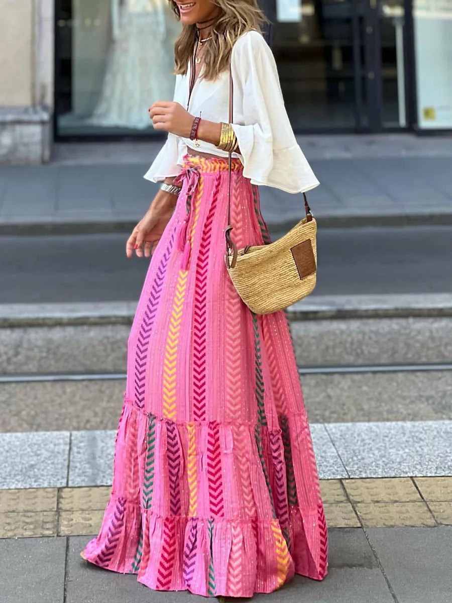 🍒Flowy maxi skirt floral print long  vintage high waist maxi fashion elastic a -line skirt boho outit beach versitile holiday sundress  Maxi-mum Flow Beautiful Boho
