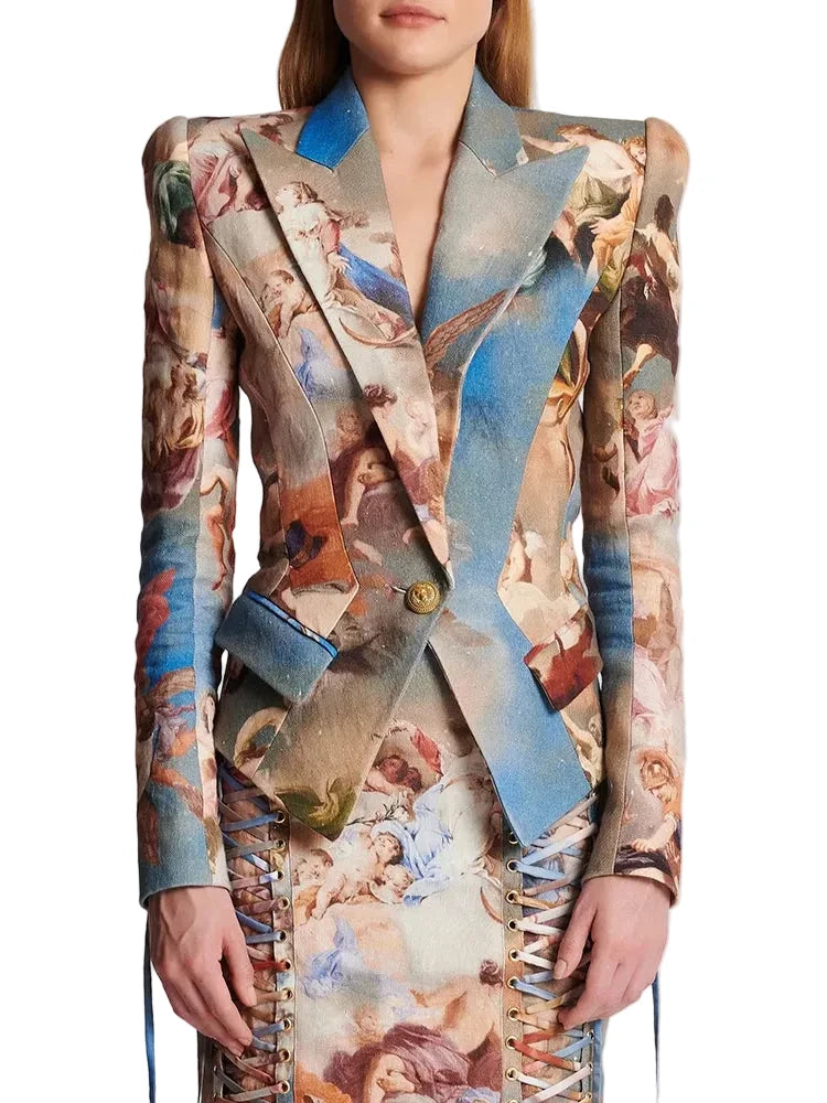 🍒Womens vintage printed blazer long sleeve button Jacket plus cross lace-up mini slim skirts sets evening wear clothing cherub classic print suit occasion party wear CROSS out boring SUITs on your list and get CLASSIC