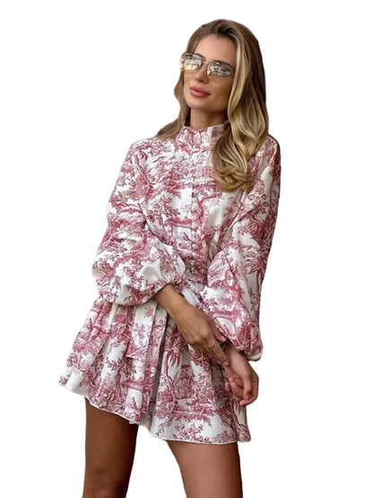 🍒Printed mini dress long sleeve clothes for hot weather o-neck outfit a line flare short china print smart casual female clothes fashion beach party wear holiday wear  Drink Cocktails In Your China