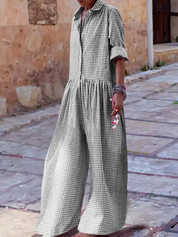 🍒Plaid jumpsuit women's casual fashion long sleeve wide leg playsuit pants loose holiday clothing