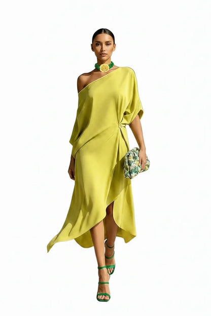 🍒Cold shoulder midi dress loose solid draped knot waist Irregular hem outfit for occasion holiday evening wear women elegant guest wear Pretty Perfect Pinched