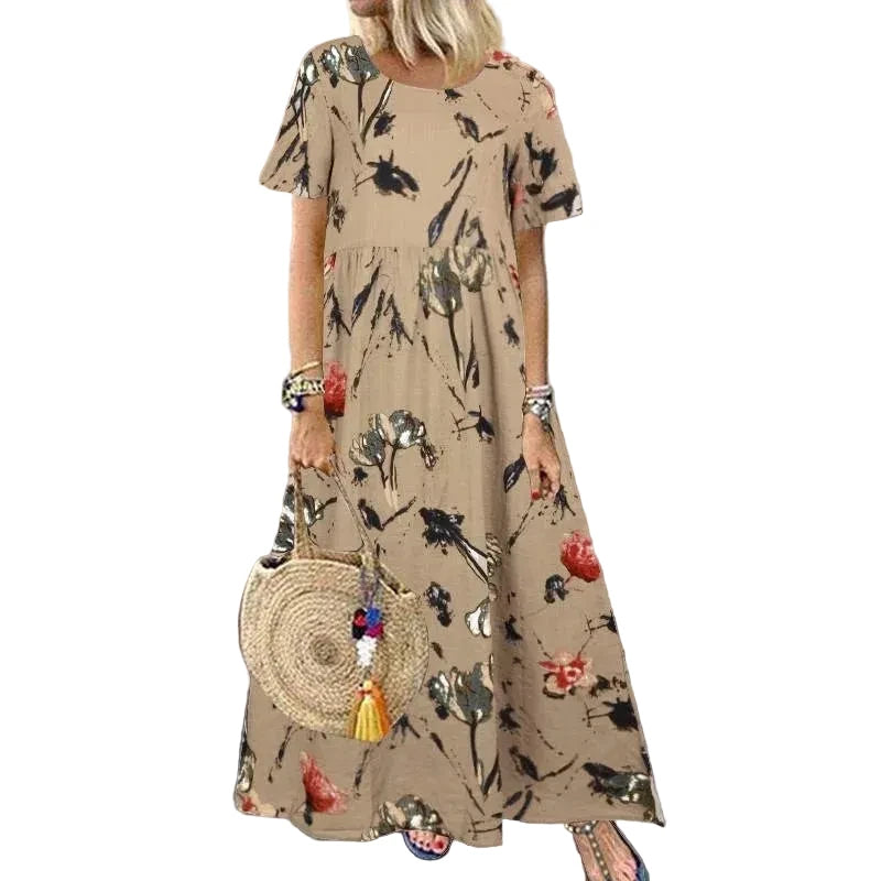 🍒Women's round neck short sleeve dress loose waist linen A-Linen out fit maxi length casual summer wear floral fashion Flattering Floral