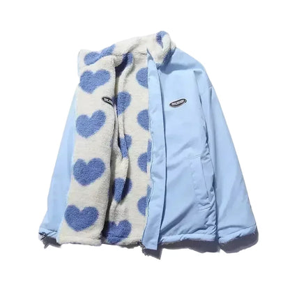 🍒Fashion Stand-up Collar OutwearFaux lambswool fur jacket women's warm coat autumn winter outerwear for women heart print stand collar coat Ya Hearts Printed On This