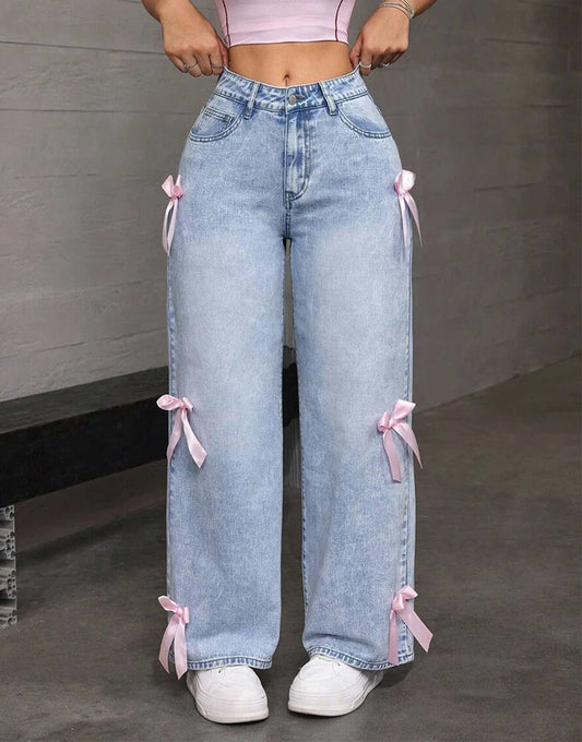 🍒Dames wye been jeansbroekie pienk strikkies gewaste hoë middellyf denims noodgemaakte vintage reguit enkel-lengte broek gemaklike denimdrag Jy sal blou wees as jy hierdie soet denim pienk mis