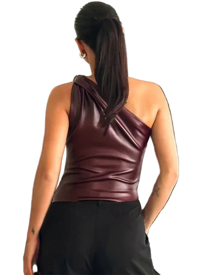 🍒Faux leather top summer fashion women wine red pu leather crop top club wear for women skinny fit asymmetric one shoulder tank casual street style Rope Into Leather