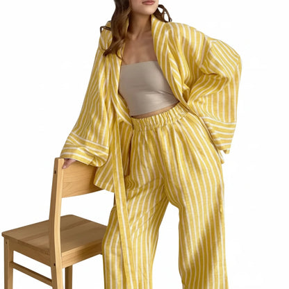 🍒Casual long sleeve suit for women striped set jacket loose/oversized and high-waisted trousers fashion smart casual two piece set Every Body Suits Stripes