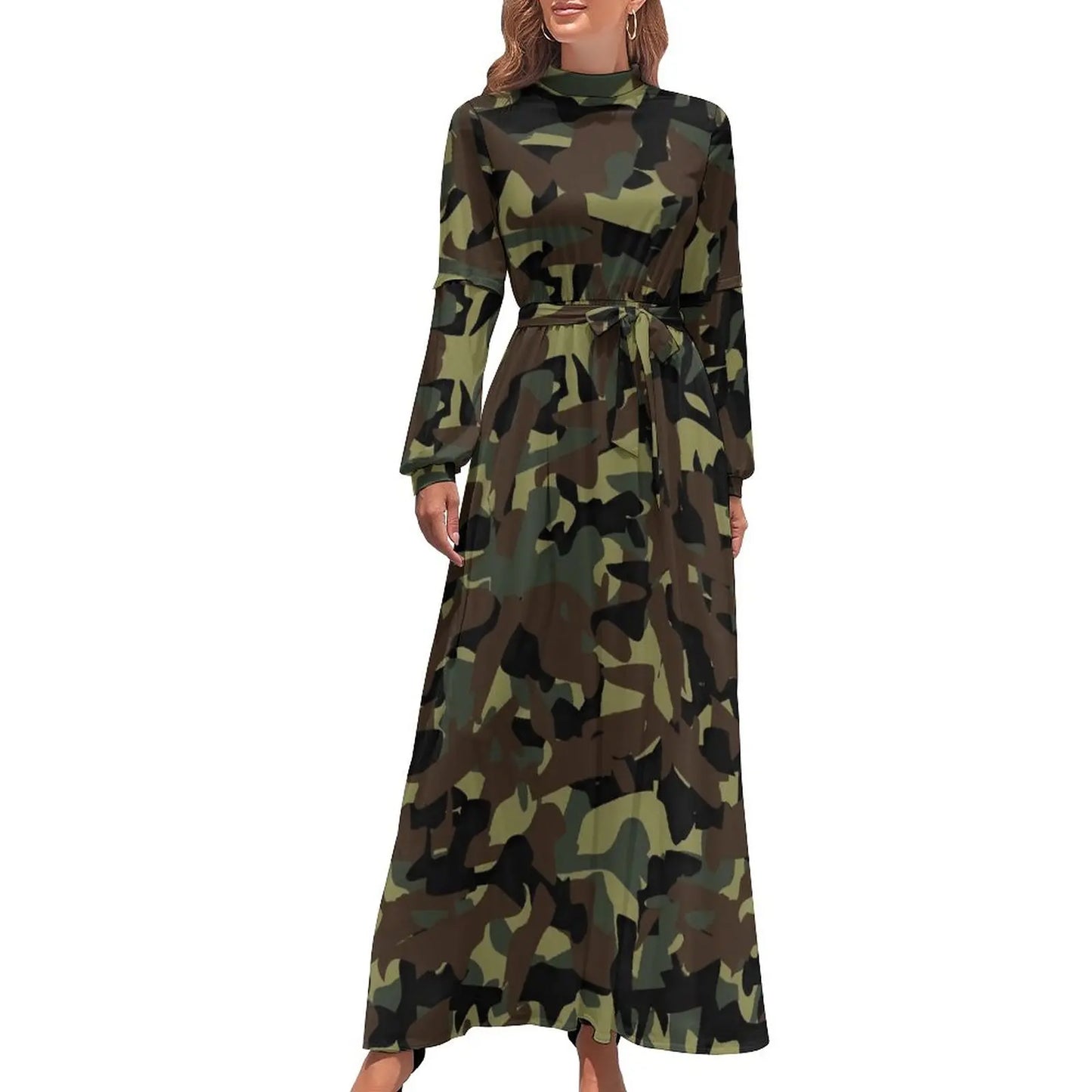 🍒Militêre kamoefleerrok hoë middellyf uitrusting boheemse sjiek langmou maxi stylvolle slim gemaklike klere vroue Camodel Camo