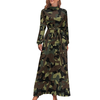 🍒Militêre kamoefleerrok hoë middellyf uitrusting boheemse sjiek langmou maxi stylvolle slim gemaklike klere vroue Camodel Camo