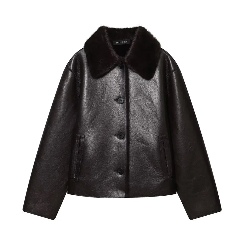 🍒Faux leather Jackets brown women long-sleeve reversible outerwear smart casual women stylish and unique Lavish In Leather or Flip To Fur