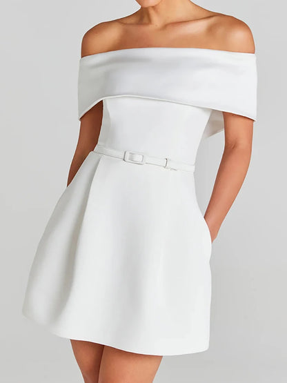 🍒Mixed media fashion short sleeve mini dress off the shoulder sleeves spring summer fashion solid party wear occasion wear Show A' Shapely Shoulder