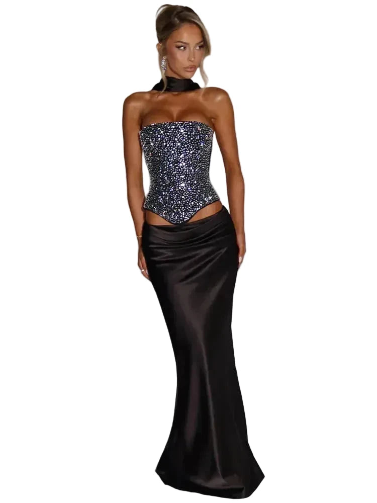 🍒Sequins top and skirt set womens shiny scarf collar with sparkly bodice top with lace up back and satin maxi skirt with fish tail elegant occasion wear club party skirt matching set