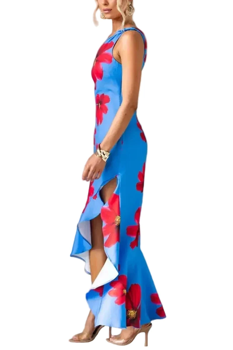 🍒One shoulder sleeveless dress summer fashion for women Irregular bohemian vacation outfits floral print fashion with ruffle hem outfits long   No Puff, Get Out Ruffs