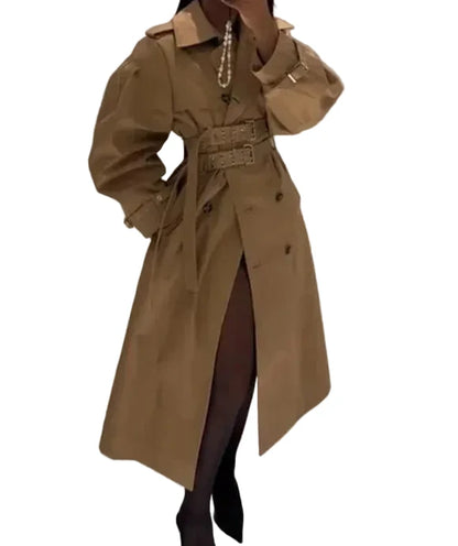 🍒Hooded trench coat women casual puff sleeve outerwear. double breasted belted cropped Jacket khaki fashion clothing                               2.long trench version  Travel Along Cool Double Belt