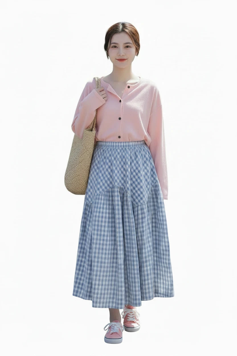 🍒Checkered a-line skirt high waisted tiered maxi skirt outfit all match loose pleated midaxi outfits for women fashion wear female casual wears  Chic Check