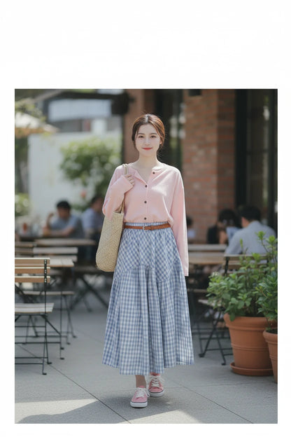 🍒Checkered a-line skirt high waisted tiered maxi skirt outfit all match loose pleated midaxi outfits for women fashion wear female casual wears  Chic Check