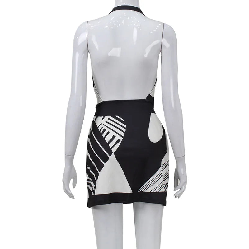 🍒Printed a-Line dress halter neck with tie bow waist backless v-neck outfit slim sleeveless a-line dress Melter Halter
