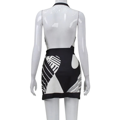 🍒Printed a-Line dress halter neck with tie bow waist backless v-neck outfit slim sleeveless a-line dress Melter Halter