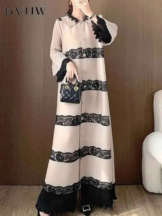 🍒Pleated lace dress with lapels flared sleeve single breasted outfit long elegant midaxi fashion wears smart casual clothing women partywear occasion wear