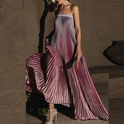 🍒Bandeau maxi evening dress sleeveless design outfit shoulderless gradient long pleated women's irregular fashion occassion partywear