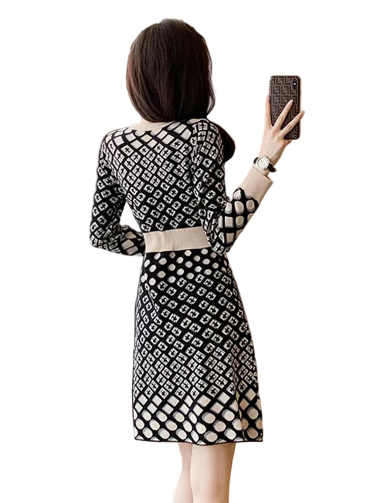 🍒Vintage knitted dress long sleeve mini o-neck spring/autumn Jacquard a-line outfits slim fit smart casual womens clothing breathable viscose Value Vintage