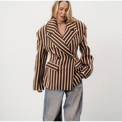 🍒Gestreepte baadjie, volmou-baadjie vir dames met gekerfde lapelkraag, dubbelbors lentejas, mode drag, kantoorklere   Look Sjokolade In Oranje
