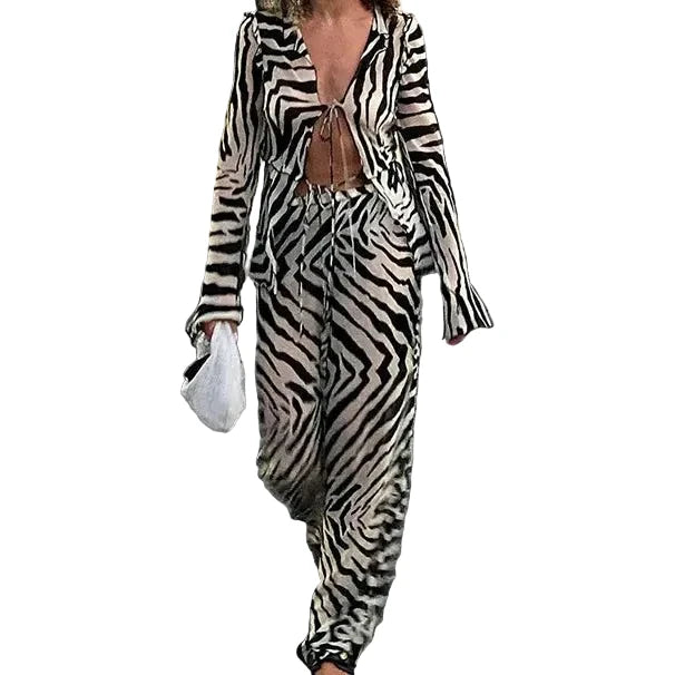 🍒Zebra  print mesh top sheer stripeed shirt outfit for women set tie front detail top and matching pants fashion two piece sets holiday beachwear Do Hot Girl Hot Jungle in Cool Clothes