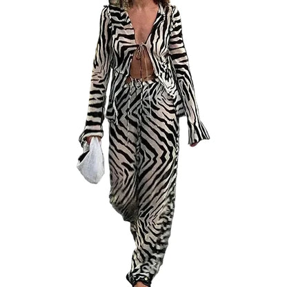 🍒Zebra  print mesh top sheer stripeed shirt outfit for women set tie front detail top and matching pants fashion two piece sets holiday beachwear Do Hot Girl Hot Jungle in Cool Clothes