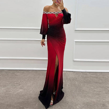 🍒Contrast colour dress high waist ruched long dress outfit Off shoulder puff sleeve party wear womens evening gown occasion wear