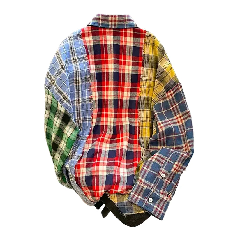 🍒Women's checkered collared  shirt spliced long sleeve shiirt Y2K american streetwear aesthetic college 2000s top retro shirt casual clothing Get Your Neck In A check