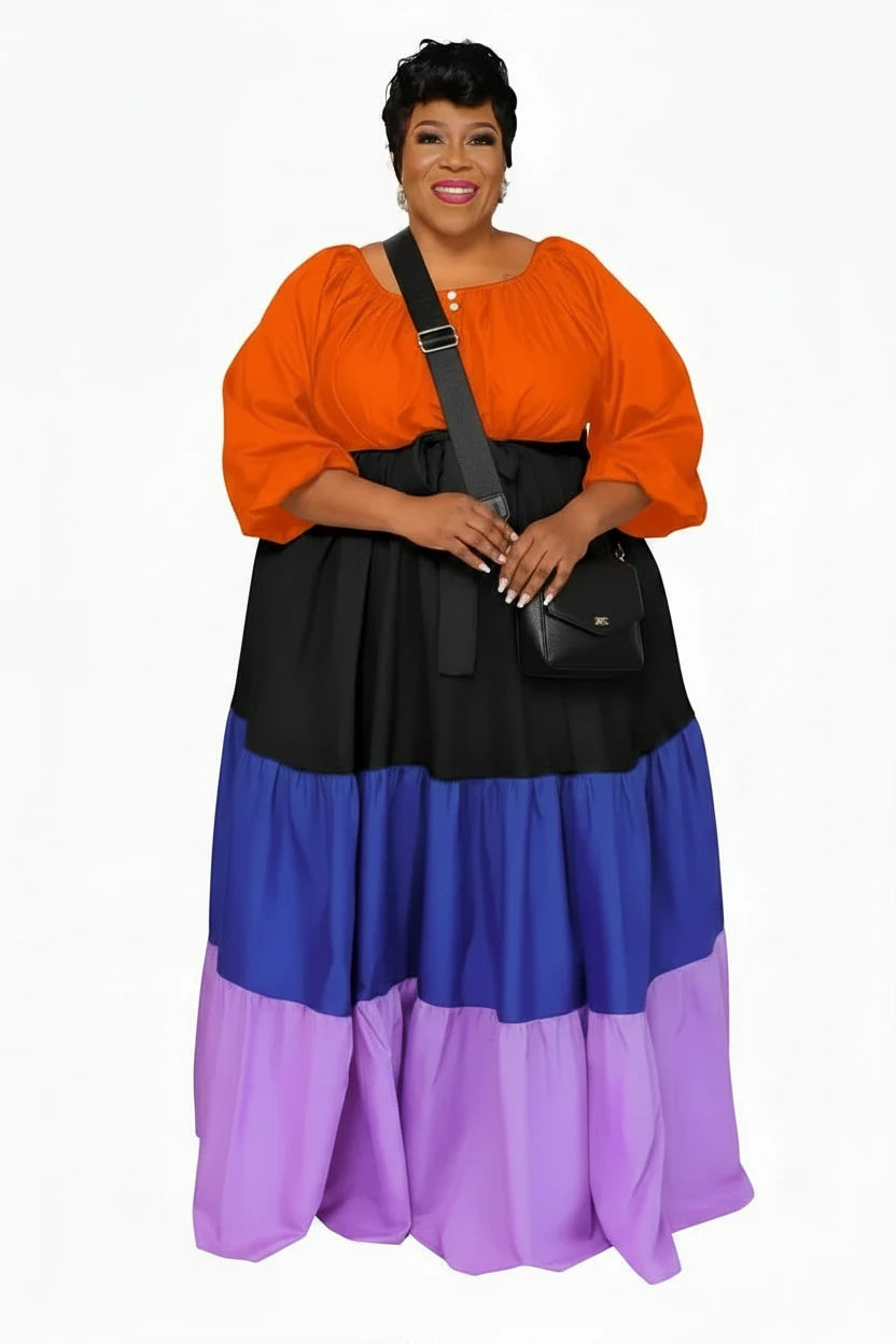 🍒Plus size womens dress colourful clothing puff sleeve maxi outfit long stleeve slash neck patchwork female casual wear Casual long dress Get Into Colour L-5XL
