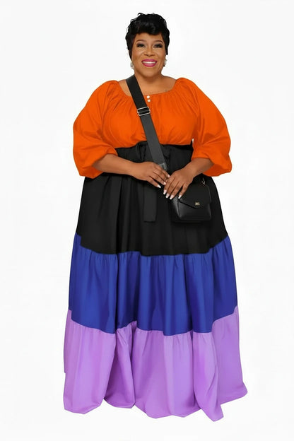 🍒Plus size womens dress colourful clothing puff sleeve maxi outfit long stleeve slash neck patchwork female casual wear Casual long dress Get Into Colour L-5XL
