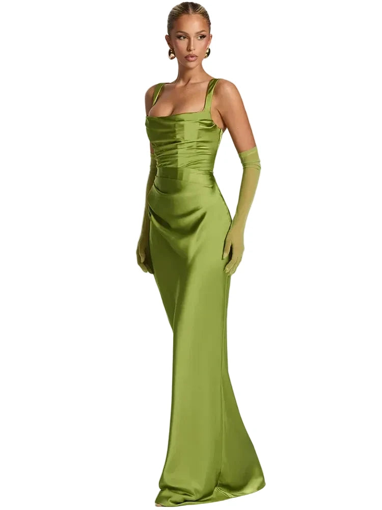 🍒Satin backless sleeveless long dress satin maxi outfits for women spaghetti straps lace-up back bodycon club wear party occasion clothing  Kool kiwi