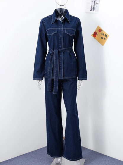 🍒Belt denim Jacket and Pants Sets shirt style jacket women butt up coat and straight trousers suit loose autumn Ladies outfits Dressy Denim