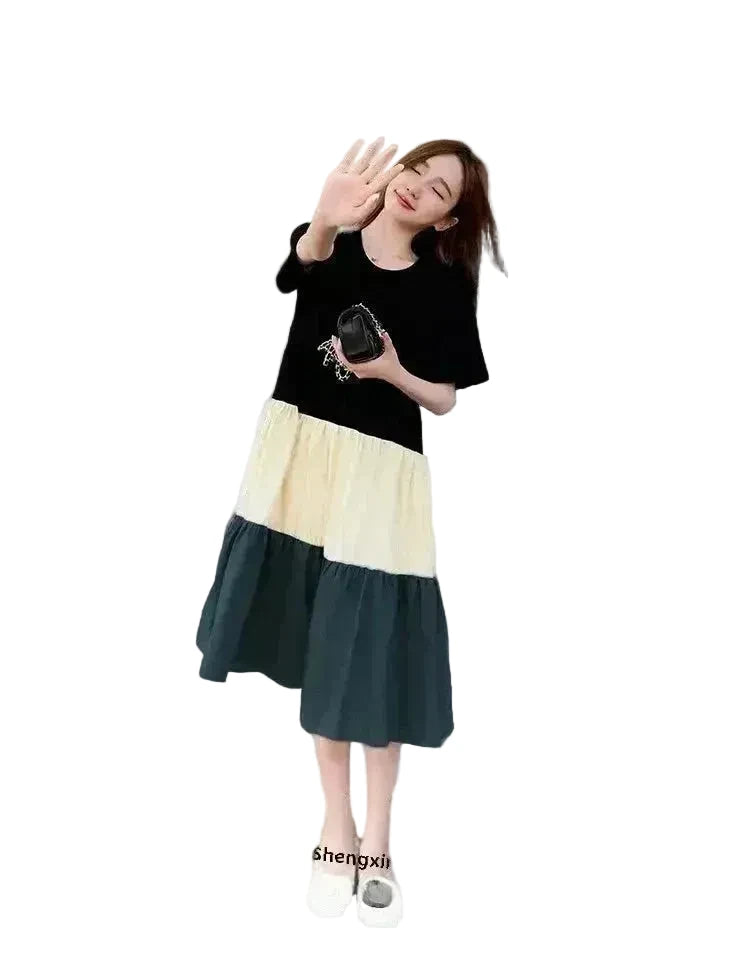 🍒T-shirt dress women colour block outfit loose fit plus size summer fashion stripe clothing stylish medium length over knee a-line fashion wear holiday wear Blocks Of Style