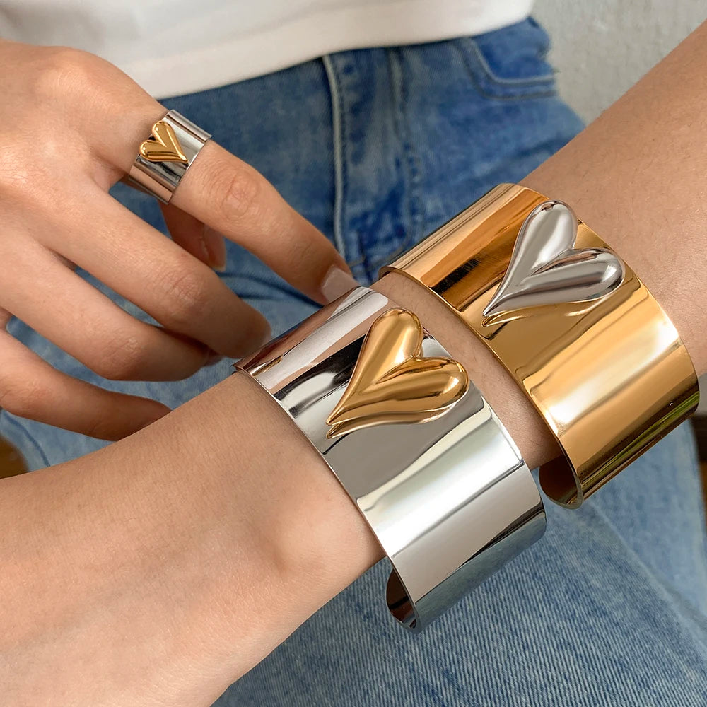 🍒Stainless steel wide bracelet women's bangle with heart gold matching ring available silver colour bracelet waterproof teen gift 316 quality fashion Jewellery smart casual Your Heart is Beating For A Love Bangle