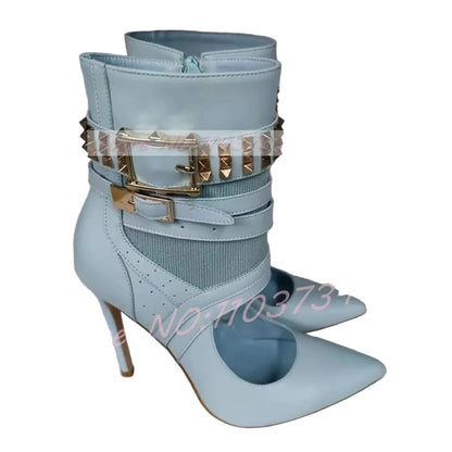 🍒Studded buckle strap cut-out sandal boot shoes womens stiletto splicing pointed toe high heels blue faux leather ankle boots lady edgy luxe footwear for occasion party Booboo Beauty Blue
