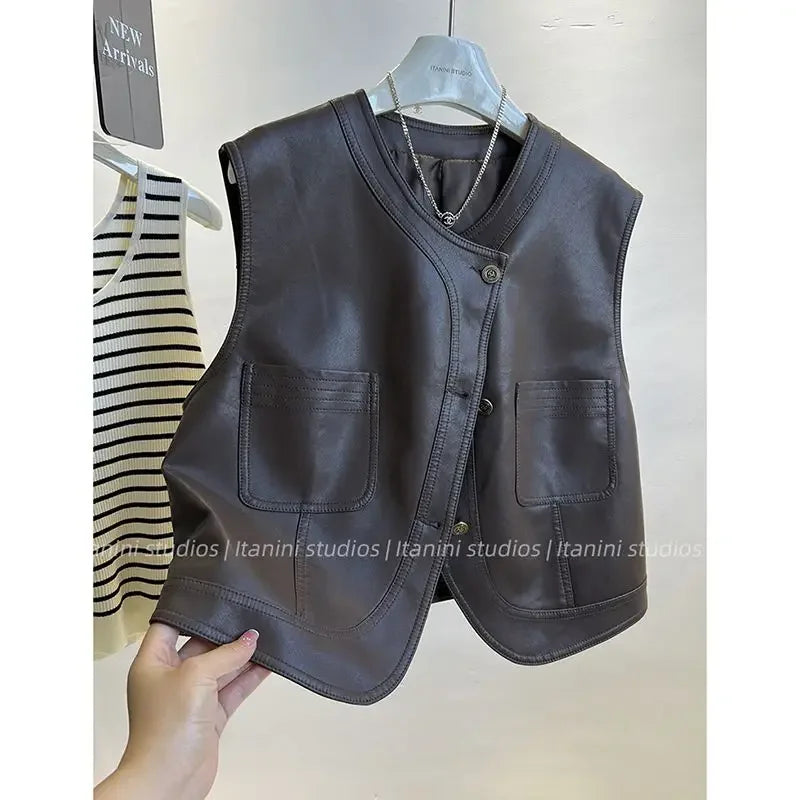 🍒Leather vest women chic clothing streetwear fashion style Y2K waist coat sleeveless moto jacket buttoned cute tank smart casual clothes party occasion wear Look Leather Lovely