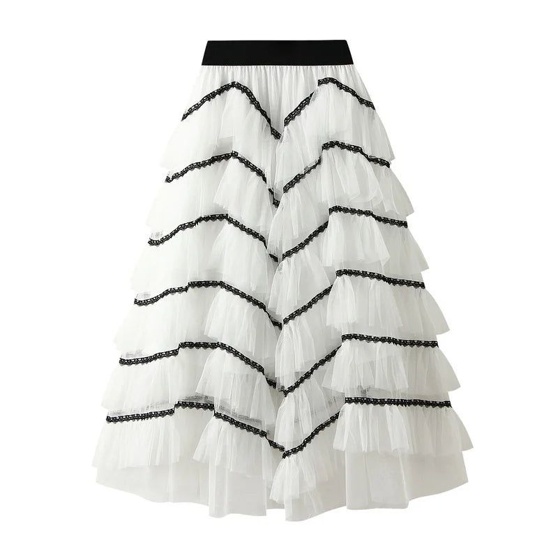 🍒Mesh cake skirt elasticated waist summer fashion midi long skirts for women female smart casual clothes princess skirts for adults occasion party wear Teirs Of Fashion Passion
