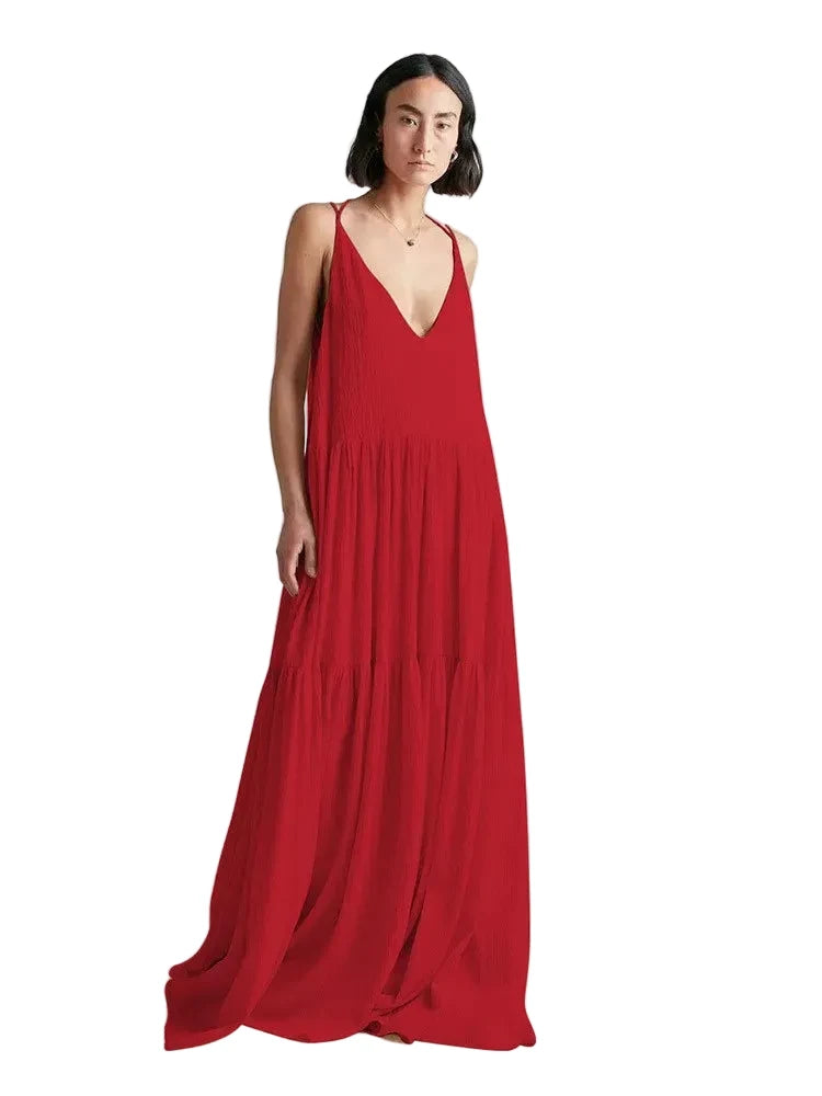 🍒Vroue se gemaklike lang rokke lente dubbel V-nek moulose somerrok los slingervel uitrusting stranddrag vakansiedrag maxi mode Modieus Fantasties