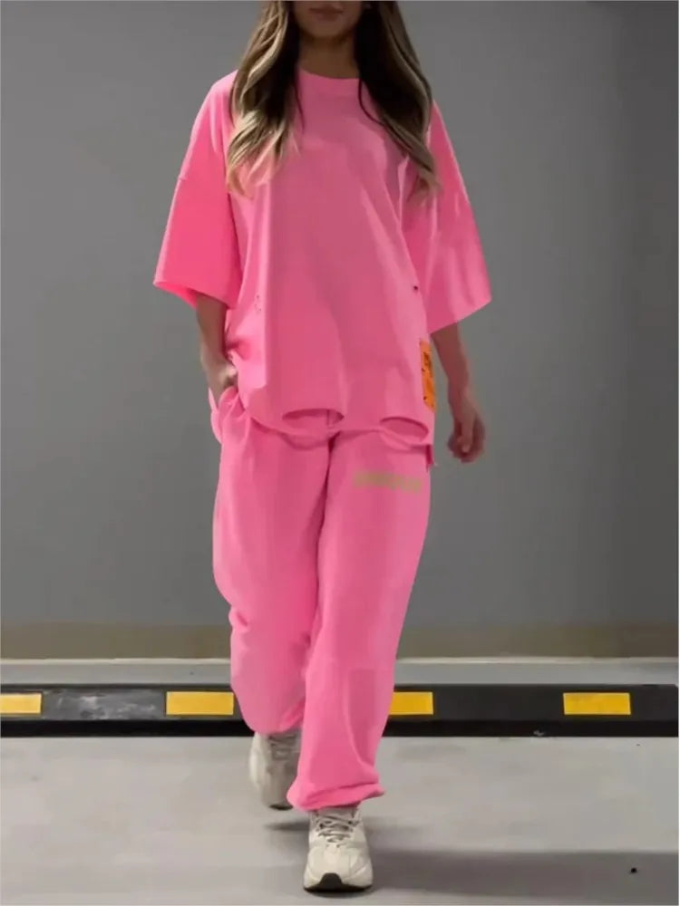 🍒Neon summer clothes fashion hollowed out o neck solid t shirt women's two piece set relaxed casual tracksuit for women with pocket pants Stand Out In Neon